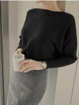 Black Boat Neck Batwing Dolman Sweater for Women