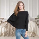 Black Boat Neck Batwing Dolman Sweater for Women
