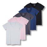 Real Essentials 5 Pack: Women's Short Sleeve V-Neck Activewear T-Shirt Dry-Fit Wicking Yoga Top (Available in Plus), Set 6, Large