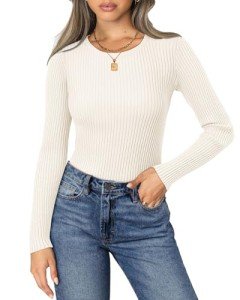 Women’s Off-White Ribbed Long Sleeve Crewneck Top