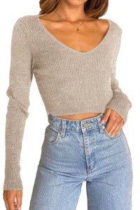 Trendy LACOZY V-Neck Cropped Knit Sweater