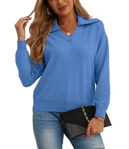 Blue V-Neck Long Sleeve Fall Sweater for Women