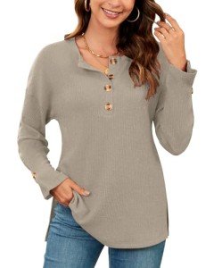 MISFAY Women’s V-Neck Long Sleeve Henley Sweater
