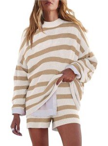 Beige Striped Oversized Lounge Set for Women