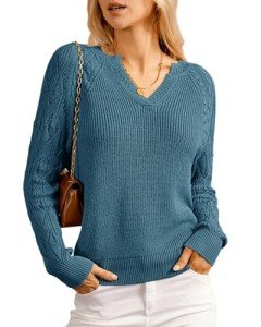 Teal Blue Long Sleeve V-Neck Pullover Sweater