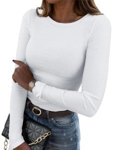 Zeagoo Womens Long Sleeve Stretch Crewneck Ribbed T-Shirt Fitted Casual Basic Tops White