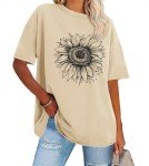 ADOREJOY Womens Oversized T-Shirt Summer Short Sleeve Tops Casual Boyfriend Shirt Loose Fit Tees(Khaki Sunflower Print,2XL)