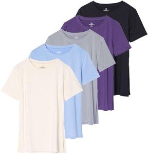 Real Essentials 5 Pack: Women's Short Sleeve Crew Relaxed Active T-Shirt Dry-Fit Yoga Top with Split Hem (Available in Plus), Set 8, 3X