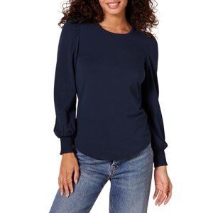 Amazon Essentials Women's Long-Sleeve Crewneck Smocked Cuff T-Shirt, Navy, Large