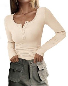 PRETTYGARDEN Women's 2024 Fall Long Sleeve Henley T Shirts Button Ribbed Knit Slim Fit Casual Basic Tops Blouse (Beige,Medium)
