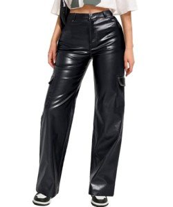 High Waisted Black Faux Leather Cargo Pants
