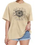 ADOREJOY Womens Oversized T-Shirt Summer Short Sleeve Tops Casual Boyfriend Shirt Loose Fit Tees(Khaki Sunflower Print,2XL)