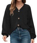 WNEEDU Women's Waffle Knit Button Down Top - Black