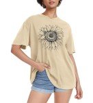 ADOREJOY Womens Oversized T-Shirt Summer Short Sleeve Tops Casual Boyfriend Shirt Loose Fit Tees(Khaki Sunflower Print,2XL)
