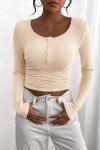 PRETTYGARDEN Women's 2024 Fall Long Sleeve Henley T Shirts Button Ribbed Knit Slim Fit Casual Basic Tops Blouse (Beige,Medium)