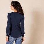 Amazon Essentials Women's Long-Sleeve Crewneck Smocked Cuff T-Shirt, Navy, Large