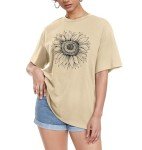 ADOREJOY Womens Oversized T-Shirt Summer Short Sleeve Tops Casual Boyfriend Shirt Loose Fit Tees(Khaki Sunflower Print,2XL)