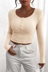 PRETTYGARDEN Women's 2024 Fall Long Sleeve Henley T Shirts Button Ribbed Knit Slim Fit Casual Basic Tops Blouse (Beige,Medium)