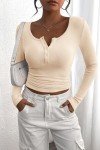 PRETTYGARDEN Women's 2024 Fall Long Sleeve Henley T Shirts Button Ribbed Knit Slim Fit Casual Basic Tops Blouse (Beige,Medium)