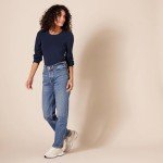 Amazon Essentials Women's Long-Sleeve Crewneck Smocked Cuff T-Shirt, Navy, Large