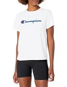 Champion Women's T-Shirt, Classic Cotton-Blend T-Shirt, Crewneck Tee, Jersey T-Shirt, Script Logo, White Script, Small