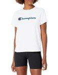 Champion Women's T-Shirt, Classic Cotton-Blend T-Shirt, Crewneck Tee, Jersey T-Shirt, Script Logo, White Script, Small