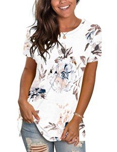 WNEEDU Womens Tops Summer T-Shirt Short Sleeve Crewneck Loose Fit Casual Basic Tee Tops 2025 New Floral White 3XL