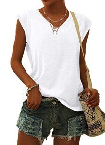WNEEDU Womens Summer Tops Cap Short Sleeve T-Shirt Lightweight V Neck Shirts Casual Loose Fit Tank Tops 2025 New White L