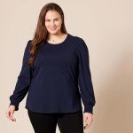 Amazon Essentials Women's Long-Sleeve Crewneck Smocked Cuff T-Shirt, Navy, Large