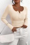 PRETTYGARDEN Women's 2024 Fall Long Sleeve Henley T Shirts Button Ribbed Knit Slim Fit Casual Basic Tops Blouse (Beige,Medium)