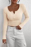 PRETTYGARDEN Women's 2024 Fall Long Sleeve Henley T Shirts Button Ribbed Knit Slim Fit Casual Basic Tops Blouse (Beige,Medium)