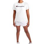 Champion Women's T-Shirt, Classic Cotton-Blend T-Shirt, Crewneck Tee, Jersey T-Shirt, Script Logo, White Script, Small
