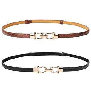 2 Pack Women's Skinny Leather Belts - Black & Brown