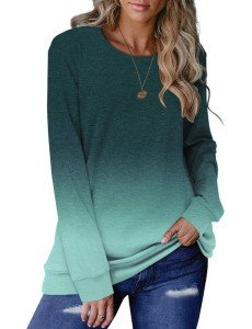 KISSMODA Sweatshirt for Women Fall Tops Lady Gradient Pullover Casual Crewneck Long Sleeve T Shirt GradualTeal XL