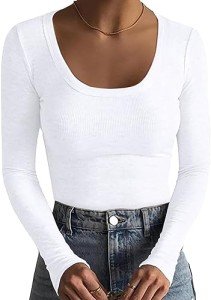 Basicspace U Neck Tops for Women Ribbed Long Sleeve Crew Neck Slim Fit Stretchy Basic T Shirt Tops(Large，02 White)