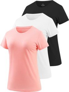 Cosy Pyro Cotton Short Sleeve T Shirt for Women Round Neck Workout Shirts Soft Solid Basic Tee 3-Pack Black/White/Pink S