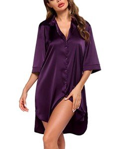 Ekouaer Women's Purple Satin V Neck Nightshirt