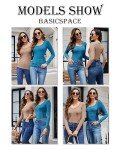 Basicspace U Neck Tops for Women Ribbed Long Sleeve Crew Neck Slim Fit Stretchy Basic T Shirt Tops(Large，02 White)