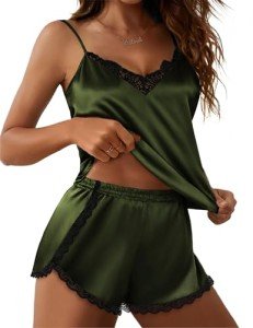 Ekouaer Women's Lace V-Neck Satin Pajama Set