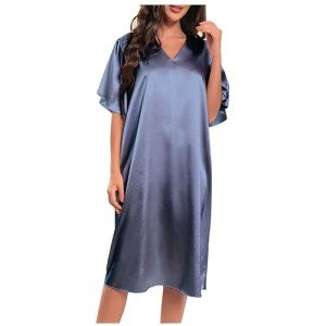 Silky V-Neck Ruffle Sleeve Nightdress in Blue