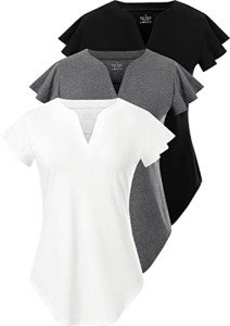 Star Vibe Women's V-Neck T-Shirts Short Sleeve Casual Tops Ruffle Sleeve Tee Shirt Slim Fit Blouses 3 Pack Black/Grey/White L