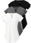 Star Vibe Women's V-Neck T-Shirts Short Sleeve Casual Tops Ruffle Sleeve Tee Shirt Slim Fit Blouses 3 Pack Black/Grey/White L