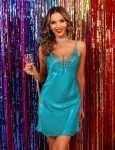 Peacock Blue Satin Lace Trim Nightgown for Women