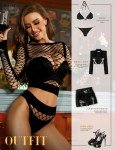 RSLOVE Women's Black Fishnet Babydoll Lingerie Set