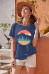 DUTUT Adventure T-Shirt Women Mountain Hiking Workout Shirt Sunrise Graphic Tees Casual Short Sleeve Camping Travel Tops Blue