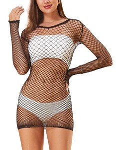 LEMON GIRL Women's Black Fishnet Long Sleeve Chemise