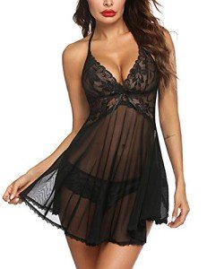 Avidlove Lace Halter Babydoll Nightgown in Black