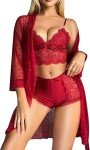 Wine Red Women's Lace Robe and Lingerie Set