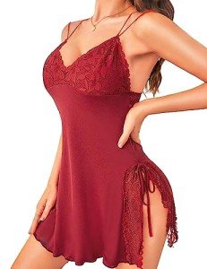 RSLOVE Women's Lace Babydoll Nightgown in Red