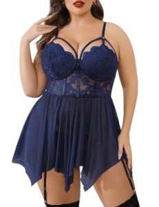 Navy Blue Plus Size Lace Babydoll Lingerie
